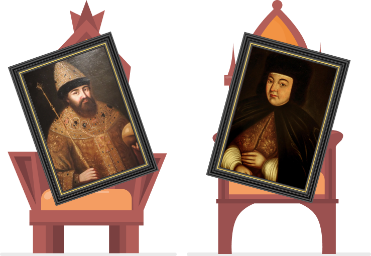 На изображении 2 трона, на левом расположен портрет отца Петра I, Алексея Михайловича романова, на правом - портрет Натальи Кирилловны Нарышкиной, матери Петра.